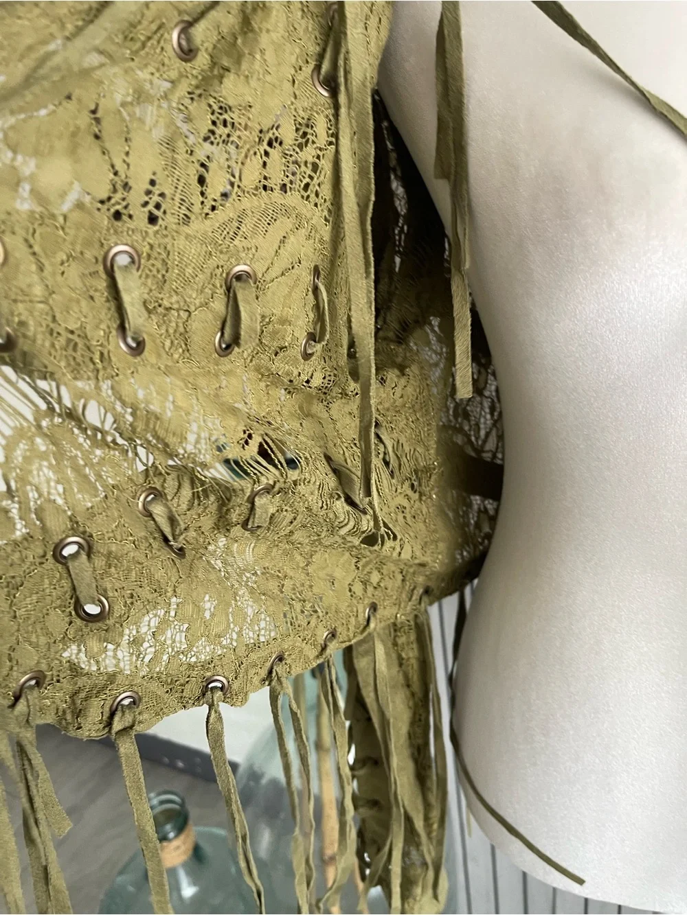 Vocal Olive Green Fringe Lace-Up Leather Jacket - Picture 5 of 8